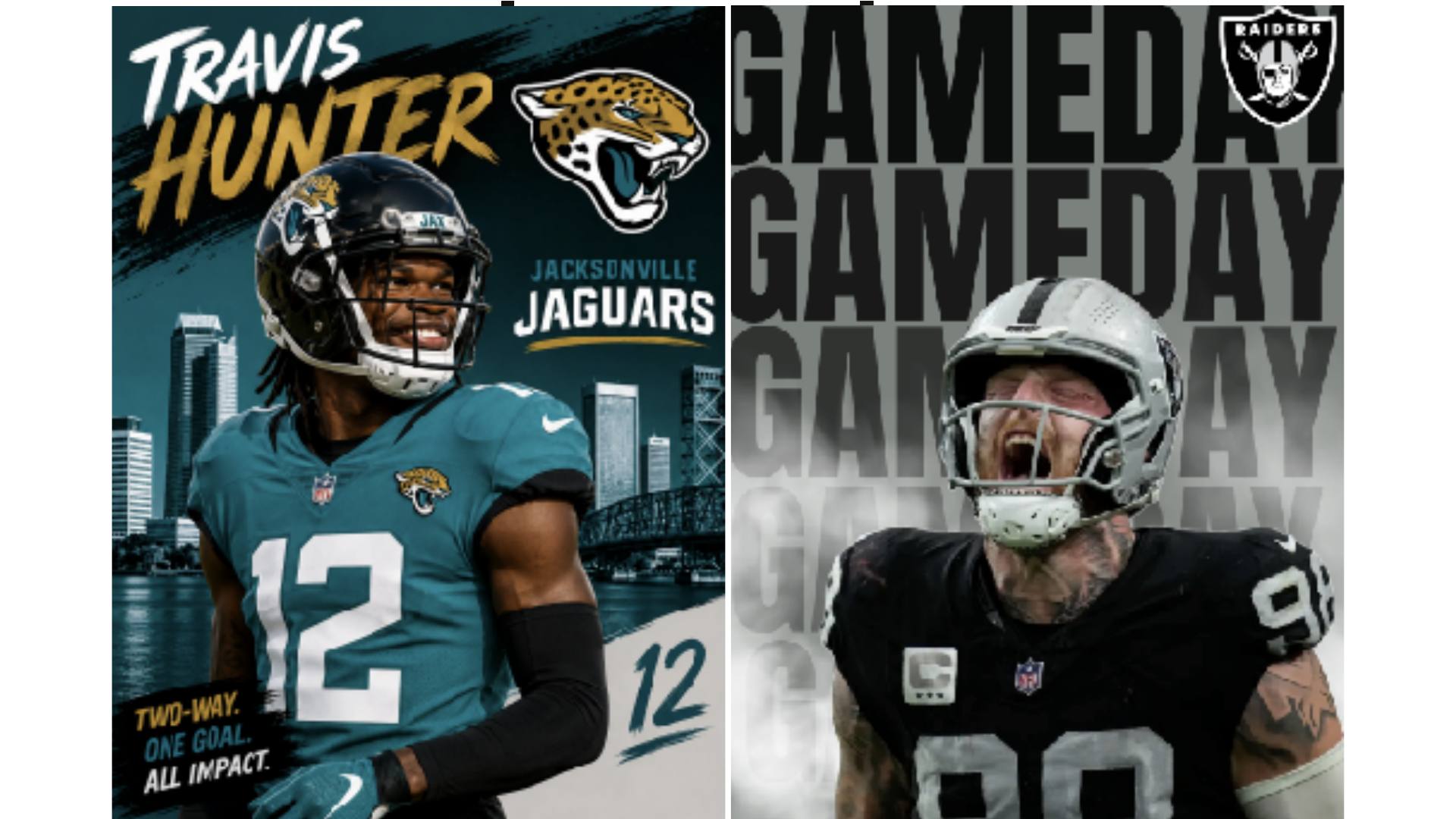 Football graphics featuring Travis Hunter and a Las Vegas Raiders game day poster