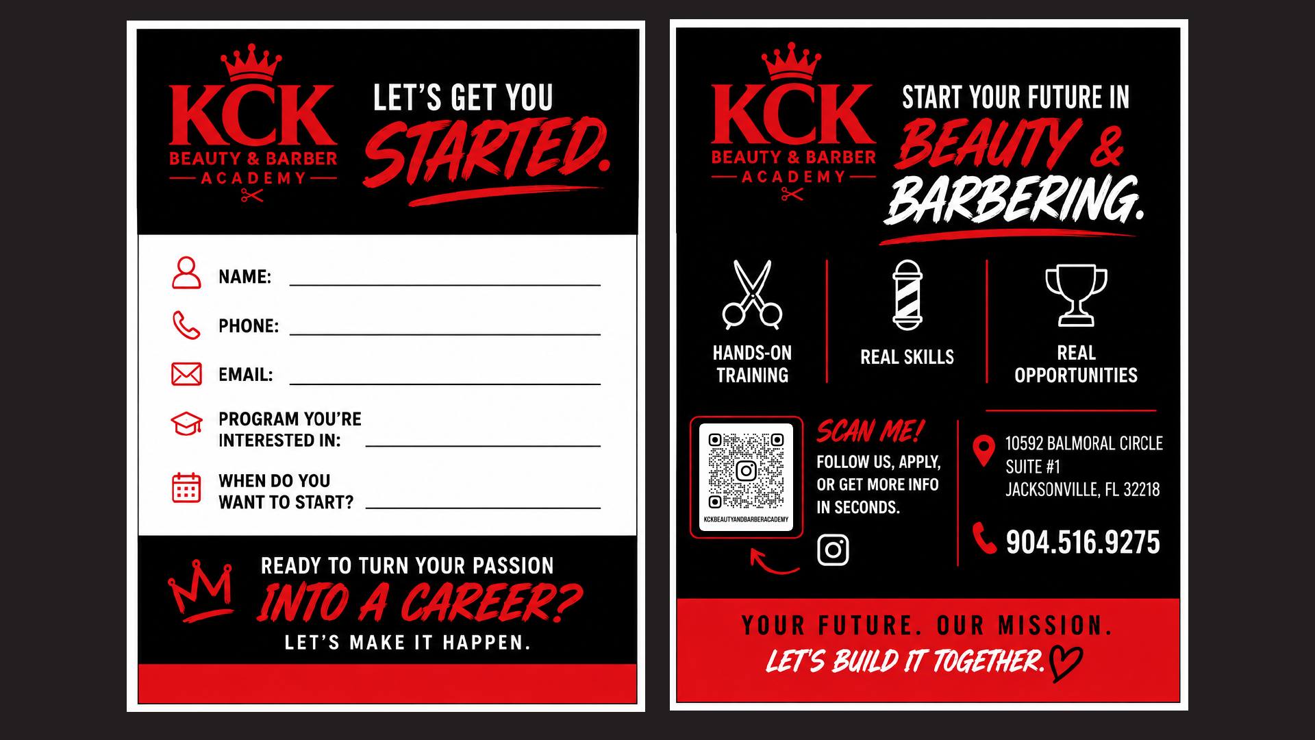 KCK Beauty and Barber Academy student recruitment and inquiry card designs