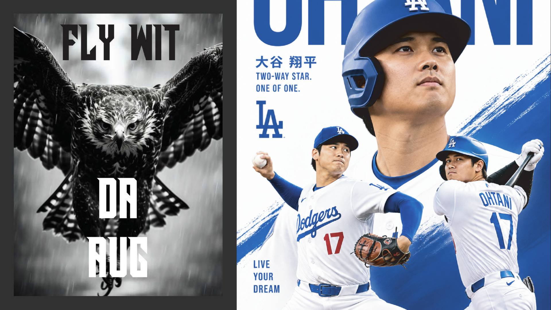 Sports poster designs featuring an owl and Shohei Ohtani
